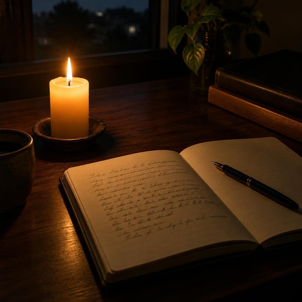 Candle and open notebook on a wooden desk at night