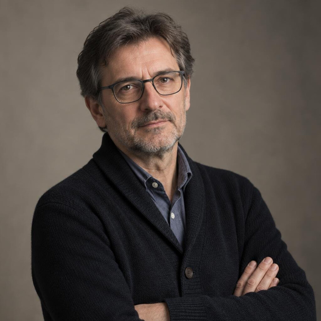Studio portrait of a middle-aged Croatian man with glasses and a thoughtful expression