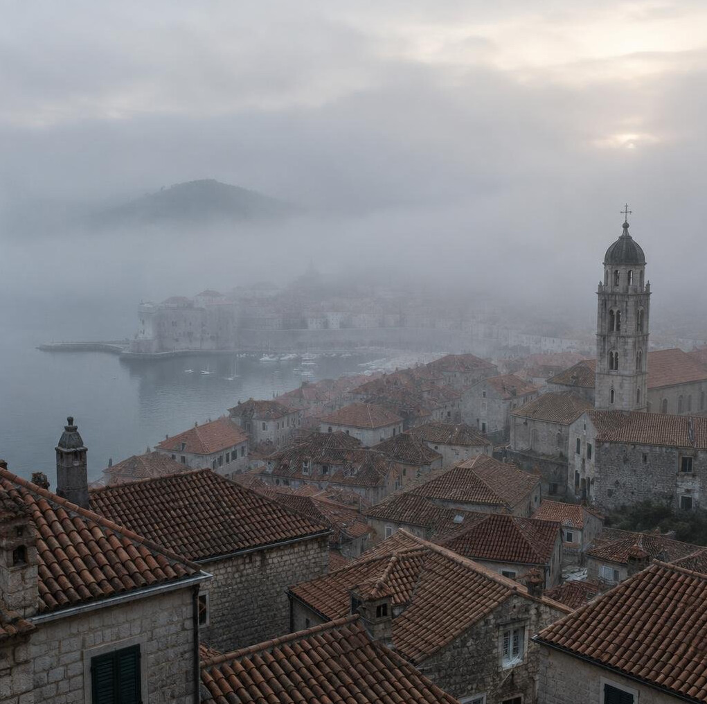 Foggy rooftops of an old coastal town