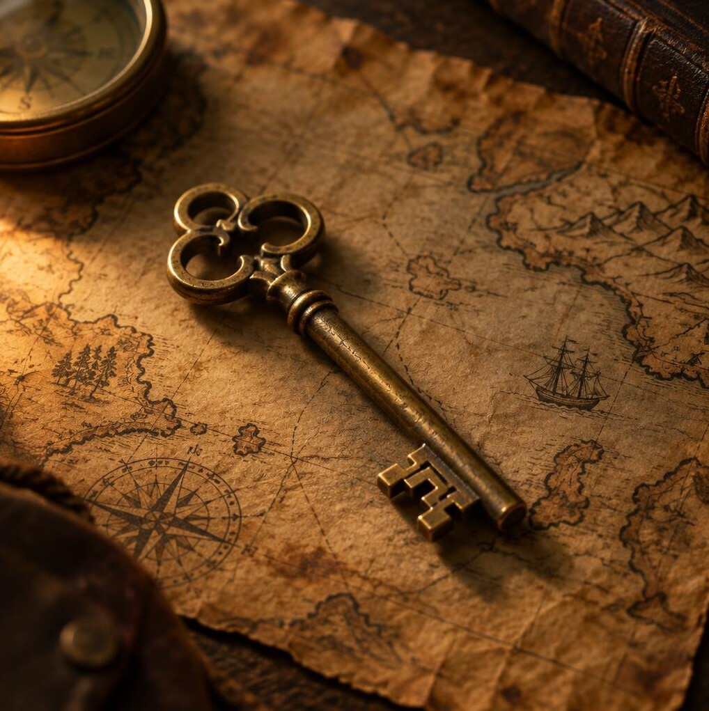 Antique skeleton key resting on an old map