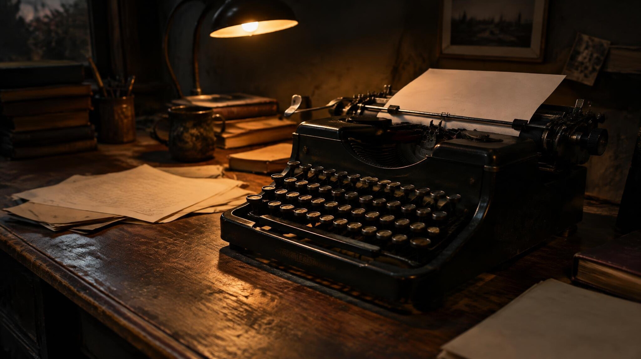 Vintage typewriter on a wooden desk in dim light