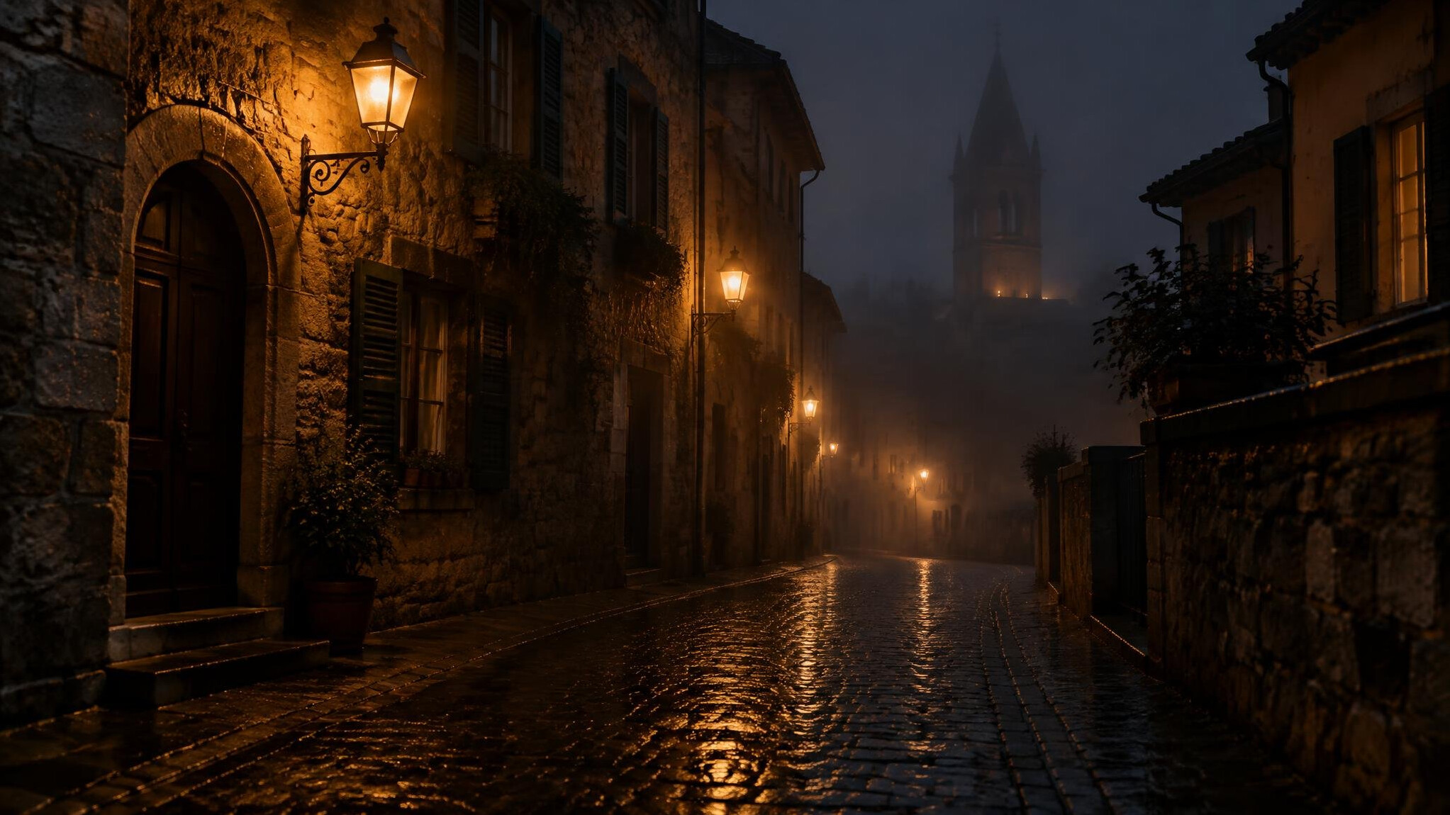 Foggy cobblestone alley lit by street lamps at night